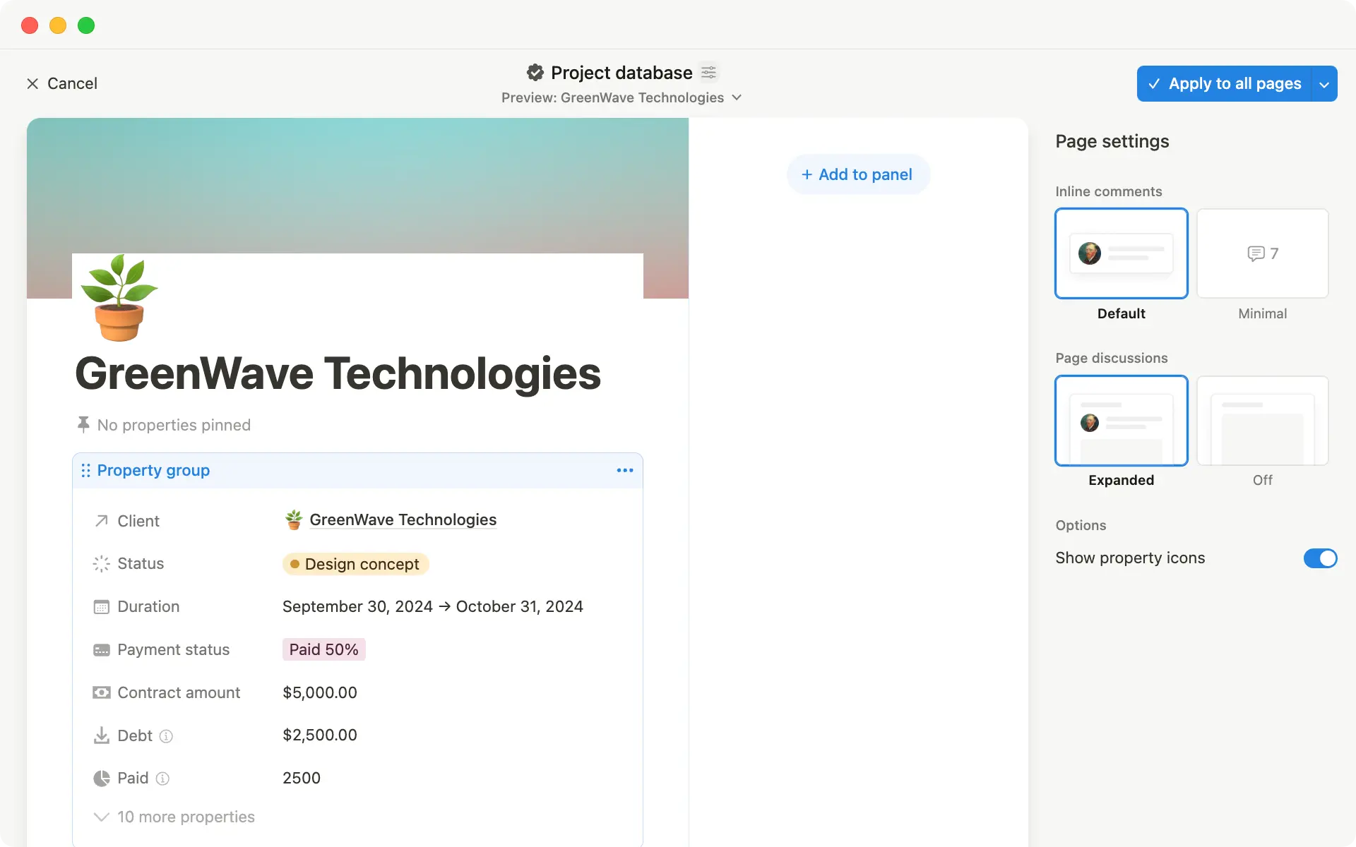 Mit dem Layouts-Builder kannst du alles auf deiner Datenbankseite anpassen – vom Anheften von Eigenschaften bis zum Erstellen eines neuen Seitenbereichs.