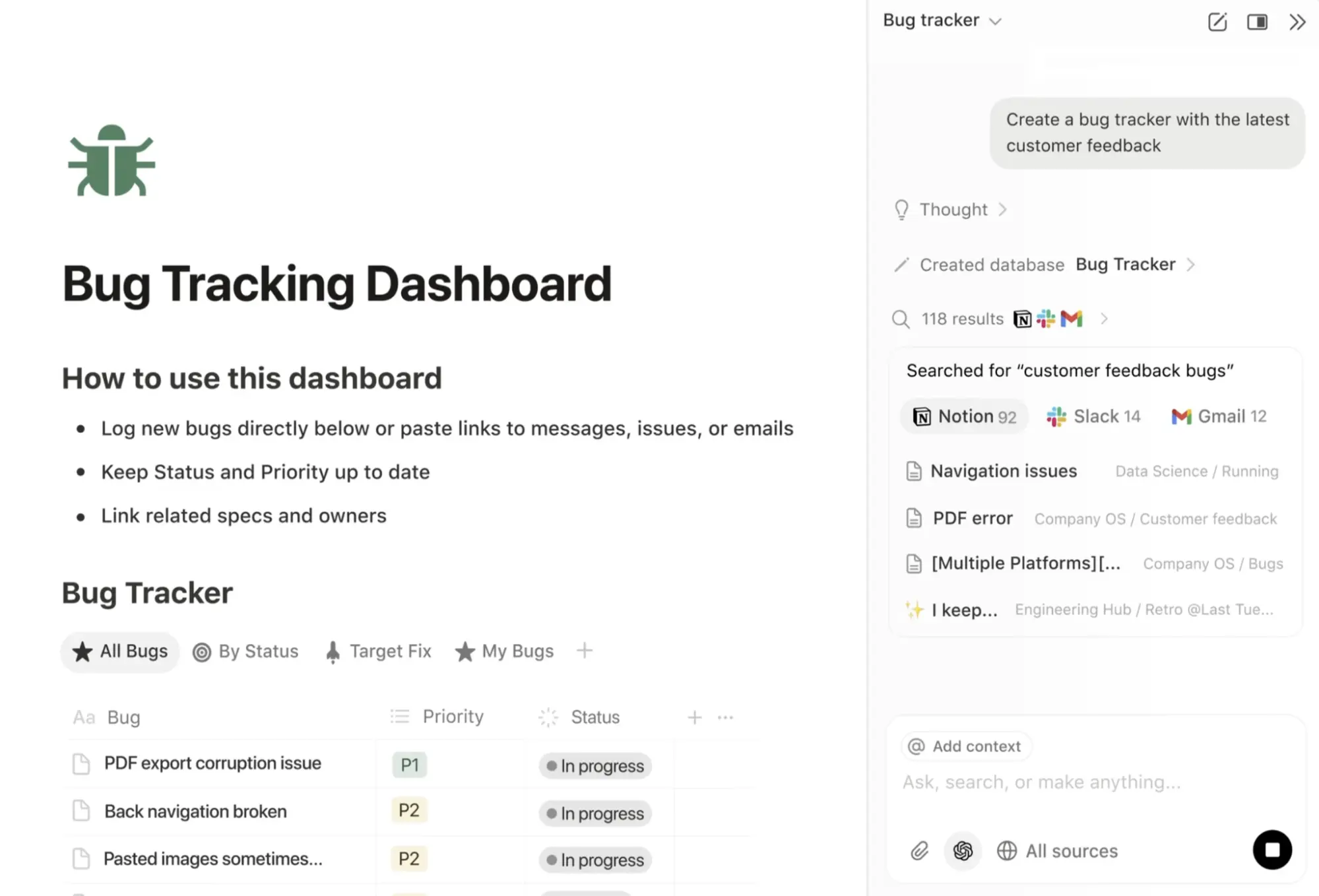 Notion AI, creating a bug tracking dashboard