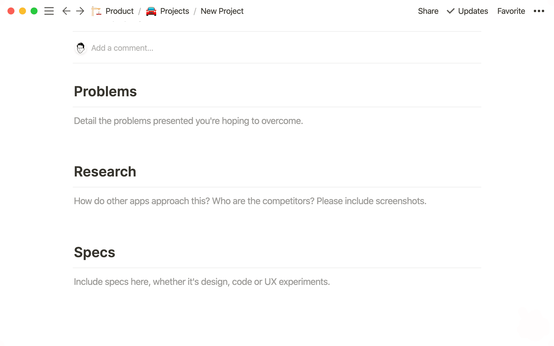 Eine „Request for Comments“-Vorlage, um Feedback von deinem Team einzuholen.