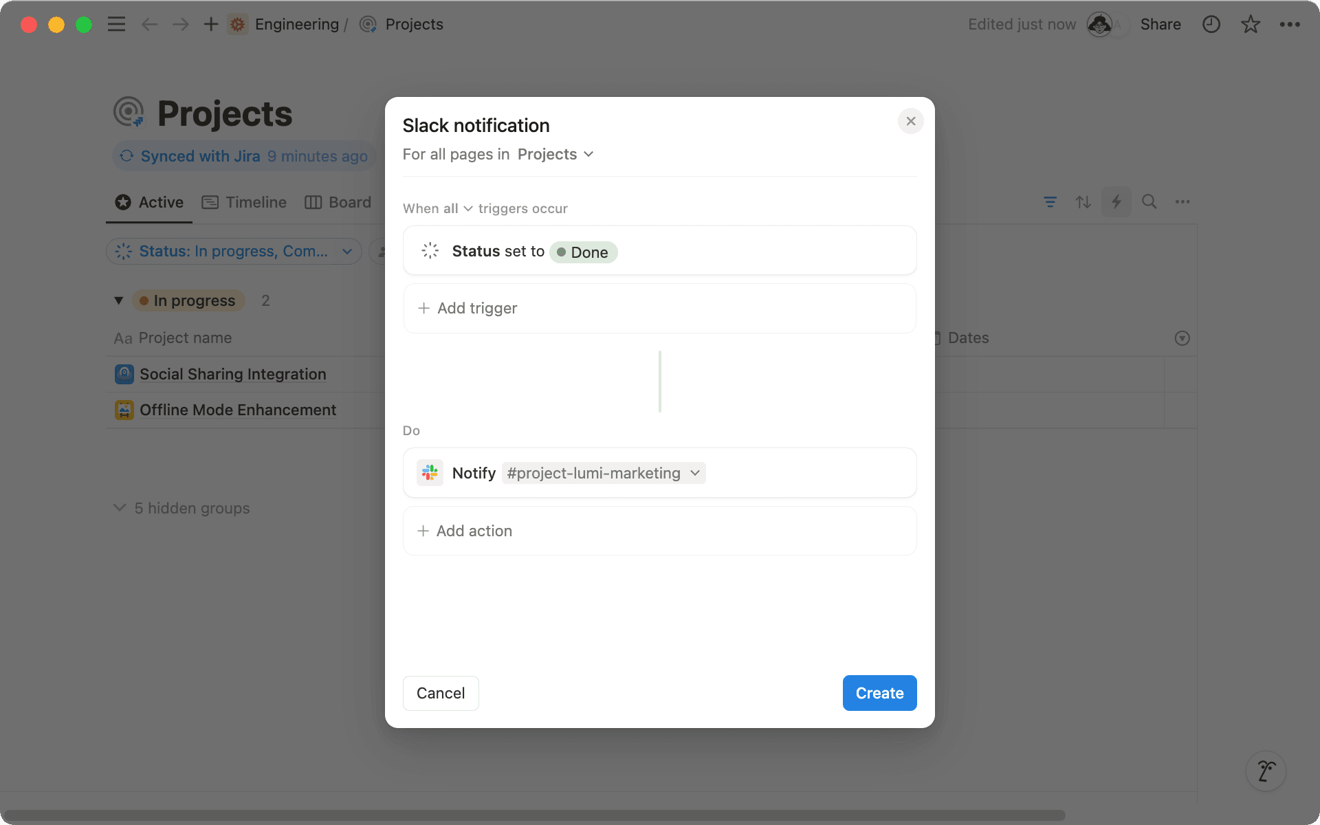 Wähle einen Slack-Kanal aus, um Benachrichtigungen zu erhalten, wenn Projekte abgeschlossen sind.