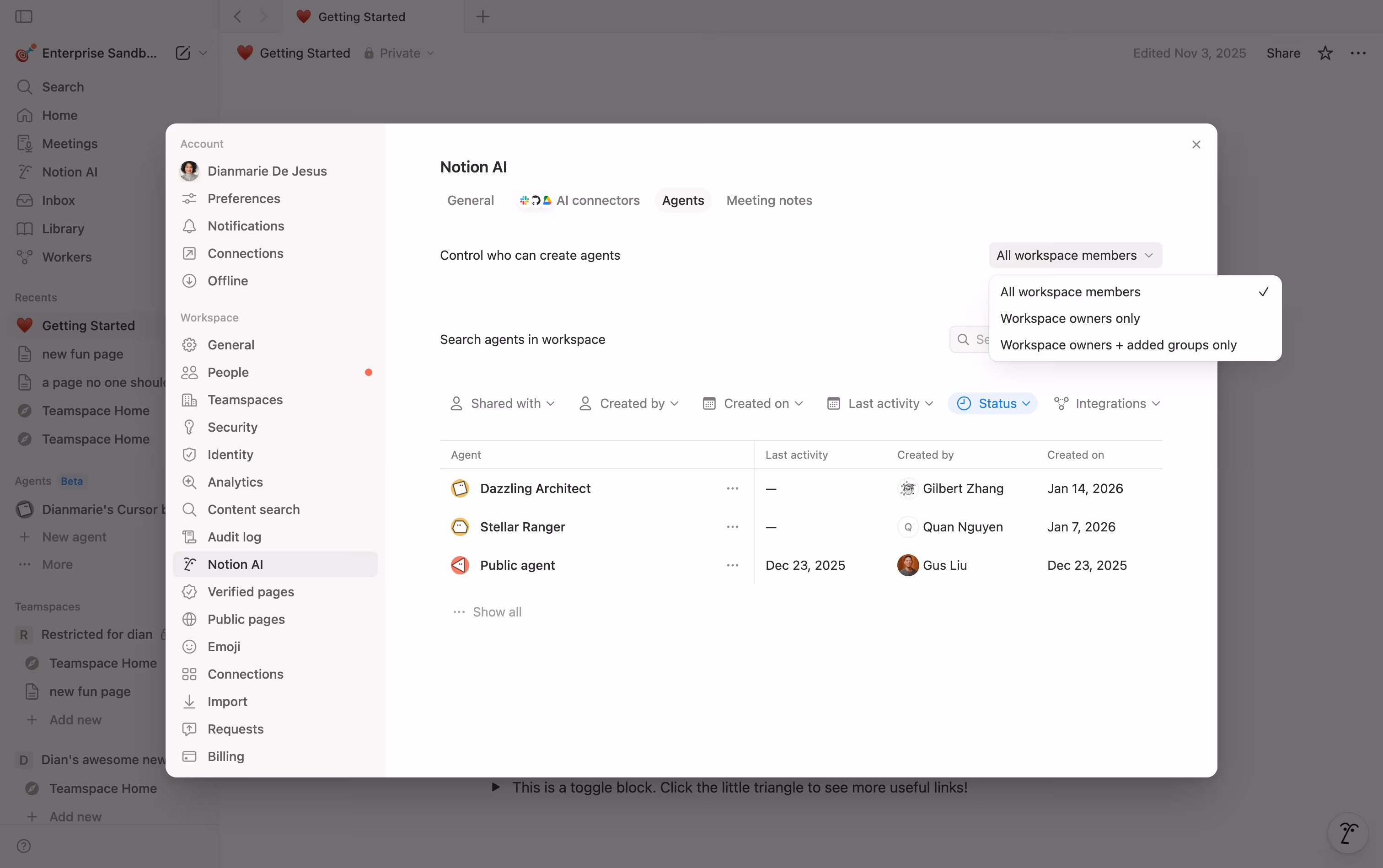 Einstellungen für die Agentenerstellung in Notion-KI.