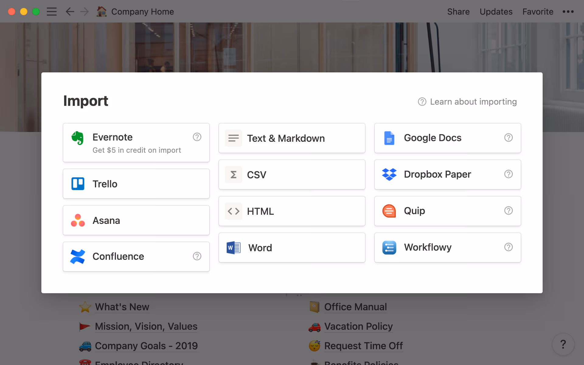 Notion import options
