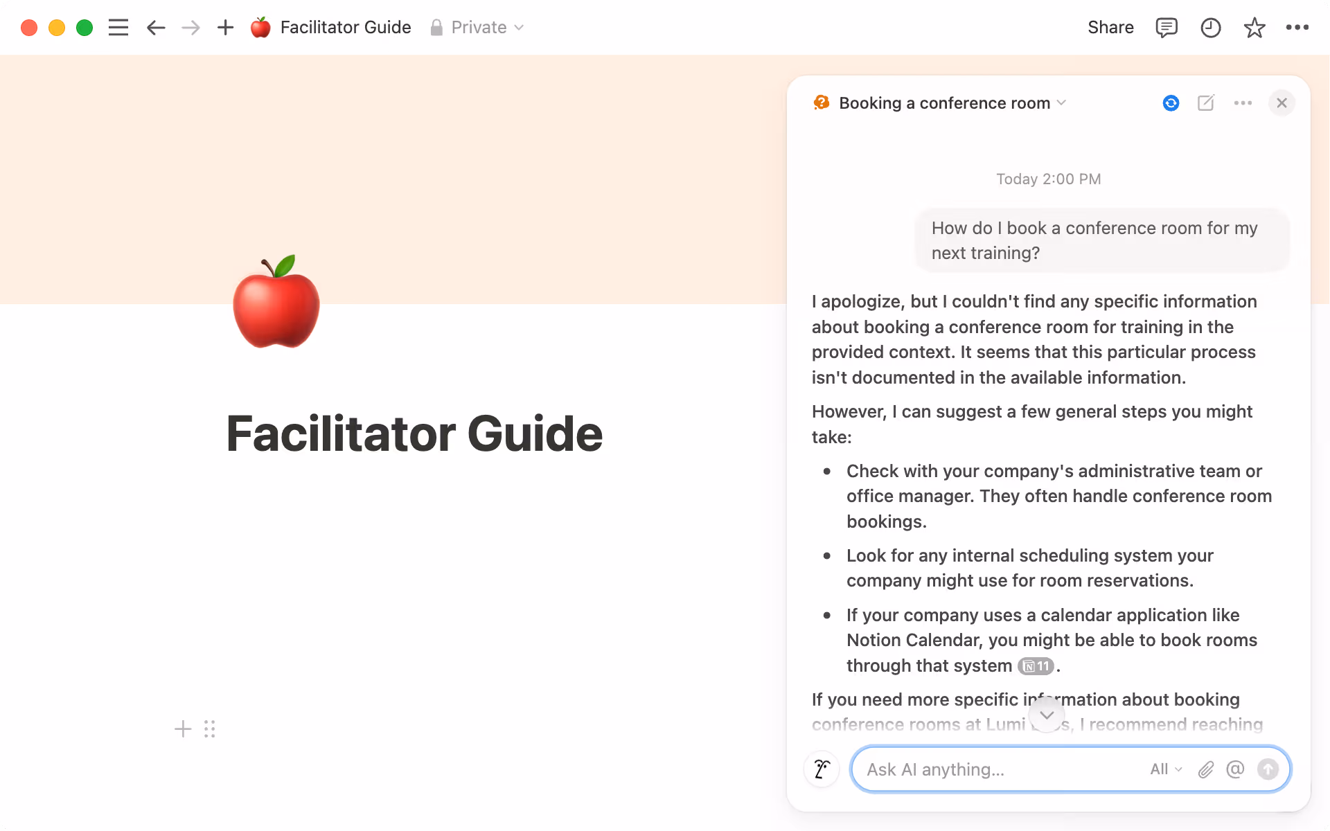 Wenn die Notion-KI deine Frage nicht beantworten kann, informiert sie dich und gibt dir Denkanstöße auf der Grundlage ihres Allgemeinwissens.