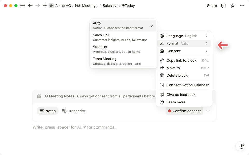 Wähle die Formatoption für dein Meeting aus, damit Notion-KI dein Gespräch effektiver organisieren kann.