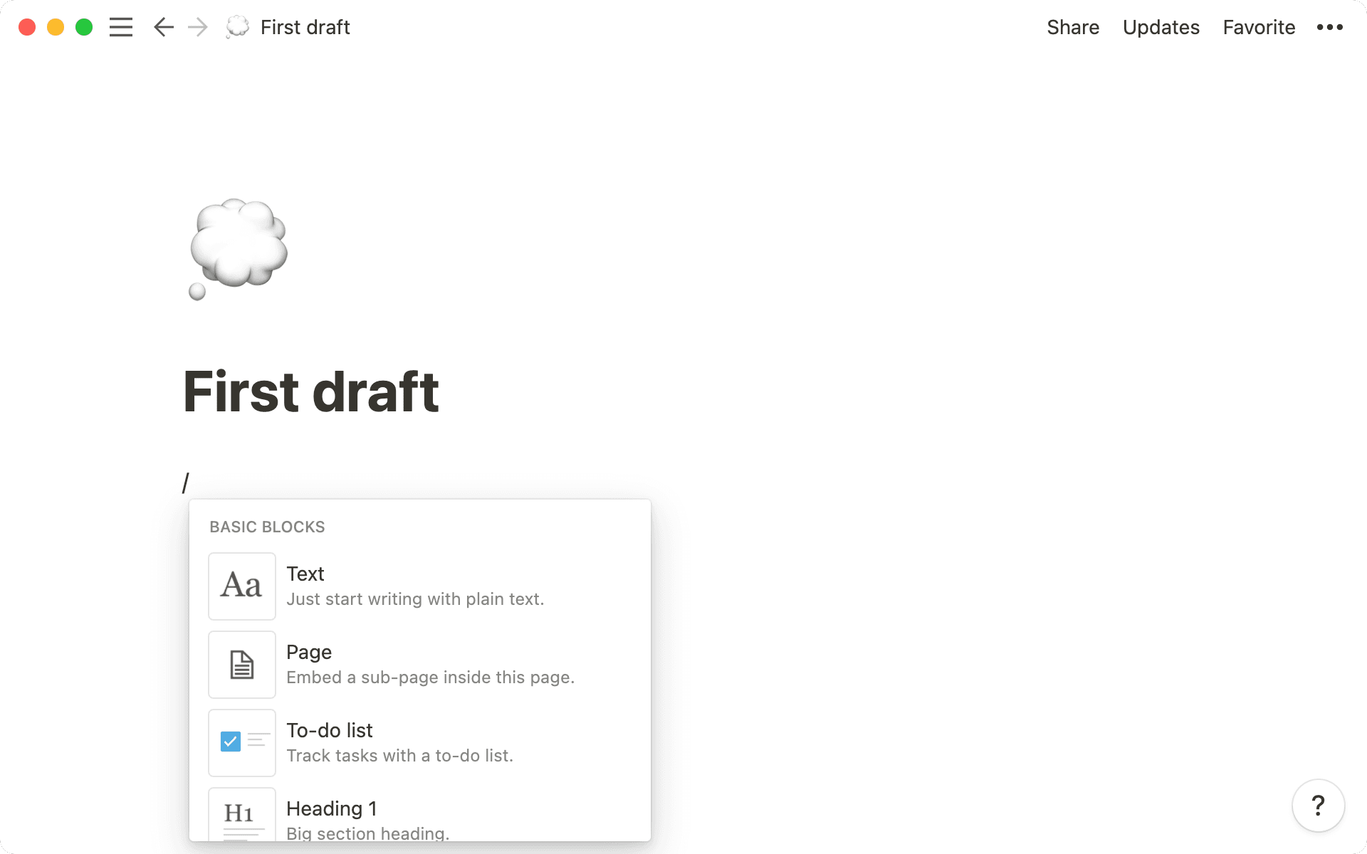 באמצעות תפריט הלוכסן של Notion, אתם יכולים להוסיף סוגים שונים של בלוקים לדפי Notion.