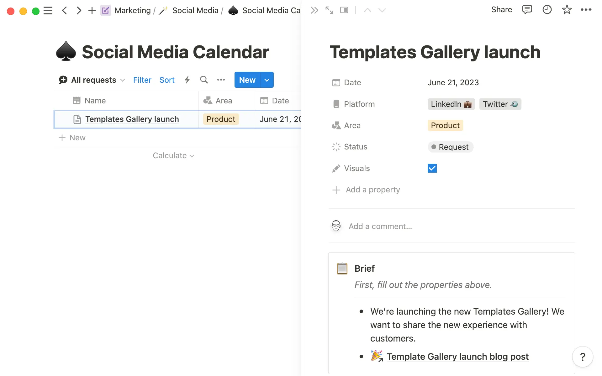 El sistema de solicitud del Departamento de Redes Sociales, donde los equipos añaden detalles y enlaces para las próximas publicaciones sociales.