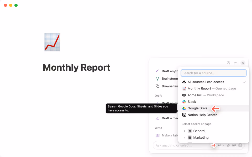 Klicke auf das •••-Menü in der oberen rechten Ecke des Notion-KI-Chats, um eine Verbindung zu Google Drive herzustellen.