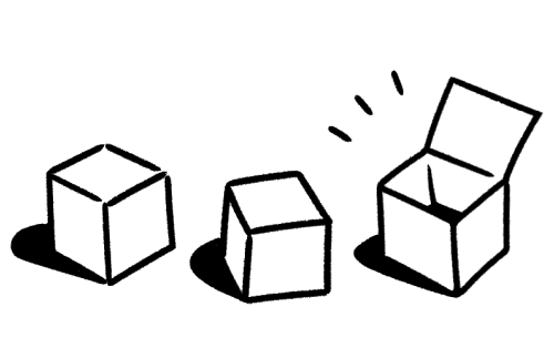 閉じた箱2つと開いた箱1つのシンプルな白黒の線画