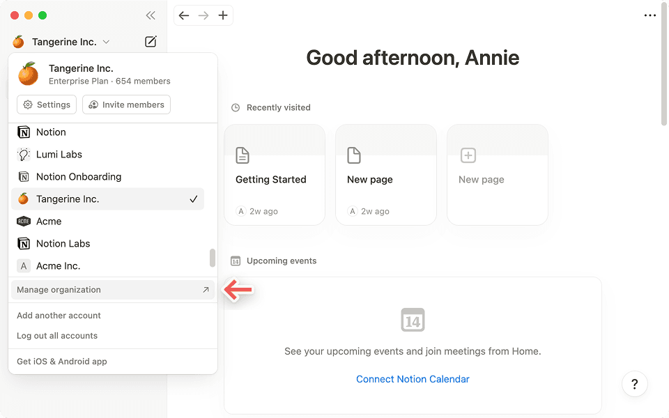 Klicke in der Seitenleiste auf „Organisation verwalten“, um auf die Admin-Konsole zuzugreifen.