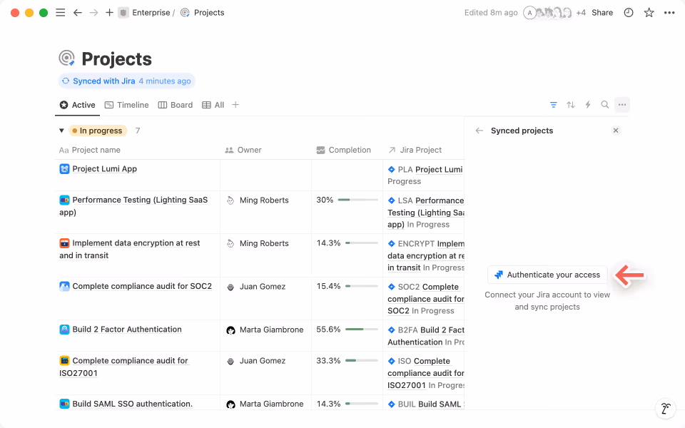 Klicke auf „Authentifiziere deinen Zugriff“, um deine Identität zu überprüfen und Jira-Projekte in Notion zu integrieren