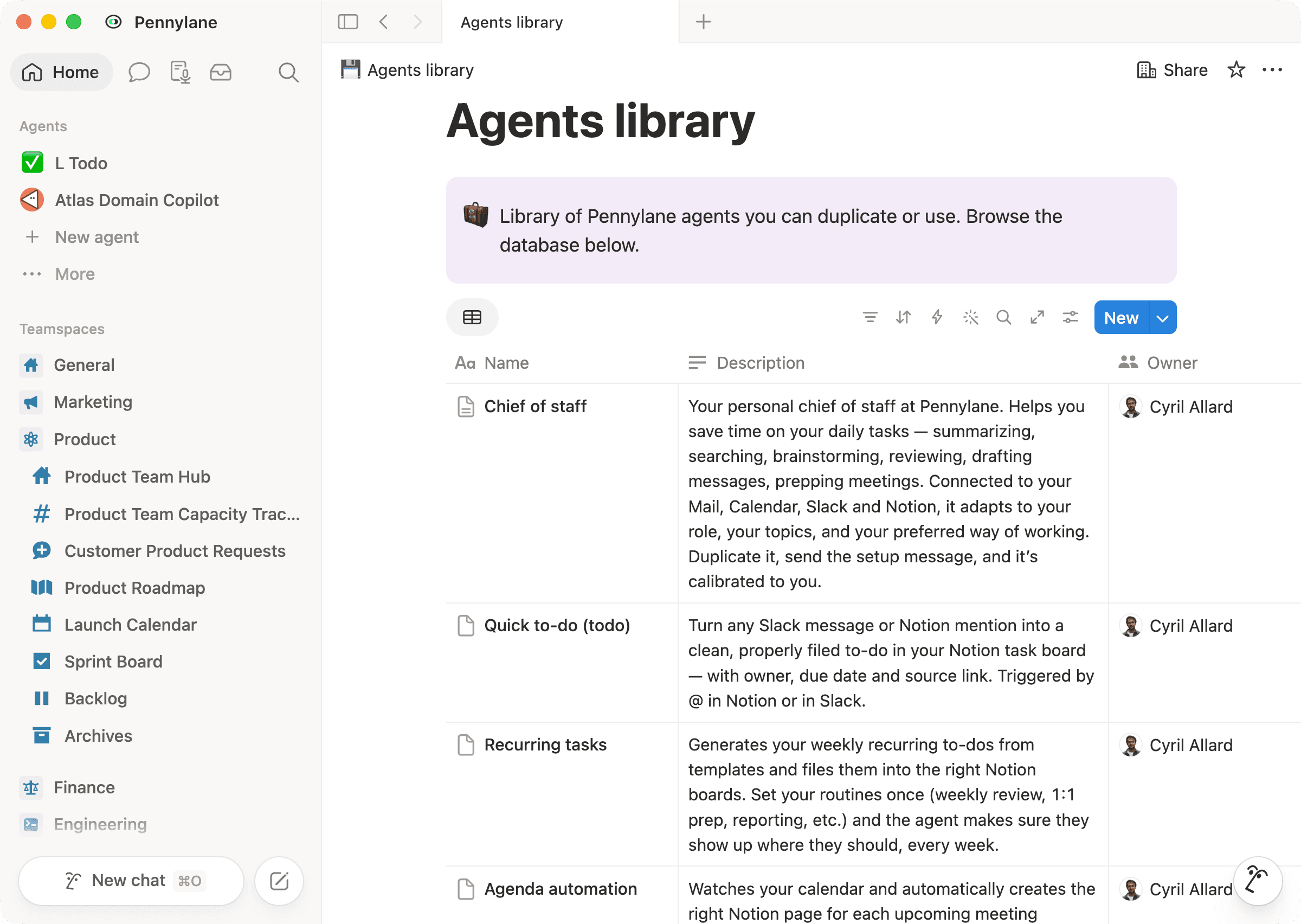Die Custom Agents in Pennylanes Bibliothek lassen sich einfach duplizieren. Mit Vorlagen wie Chief of Staff, Quick to-do und Recurring tasks können alle auf bereits bestehende Agents zurückgreifen, statt bei null anzufangen.