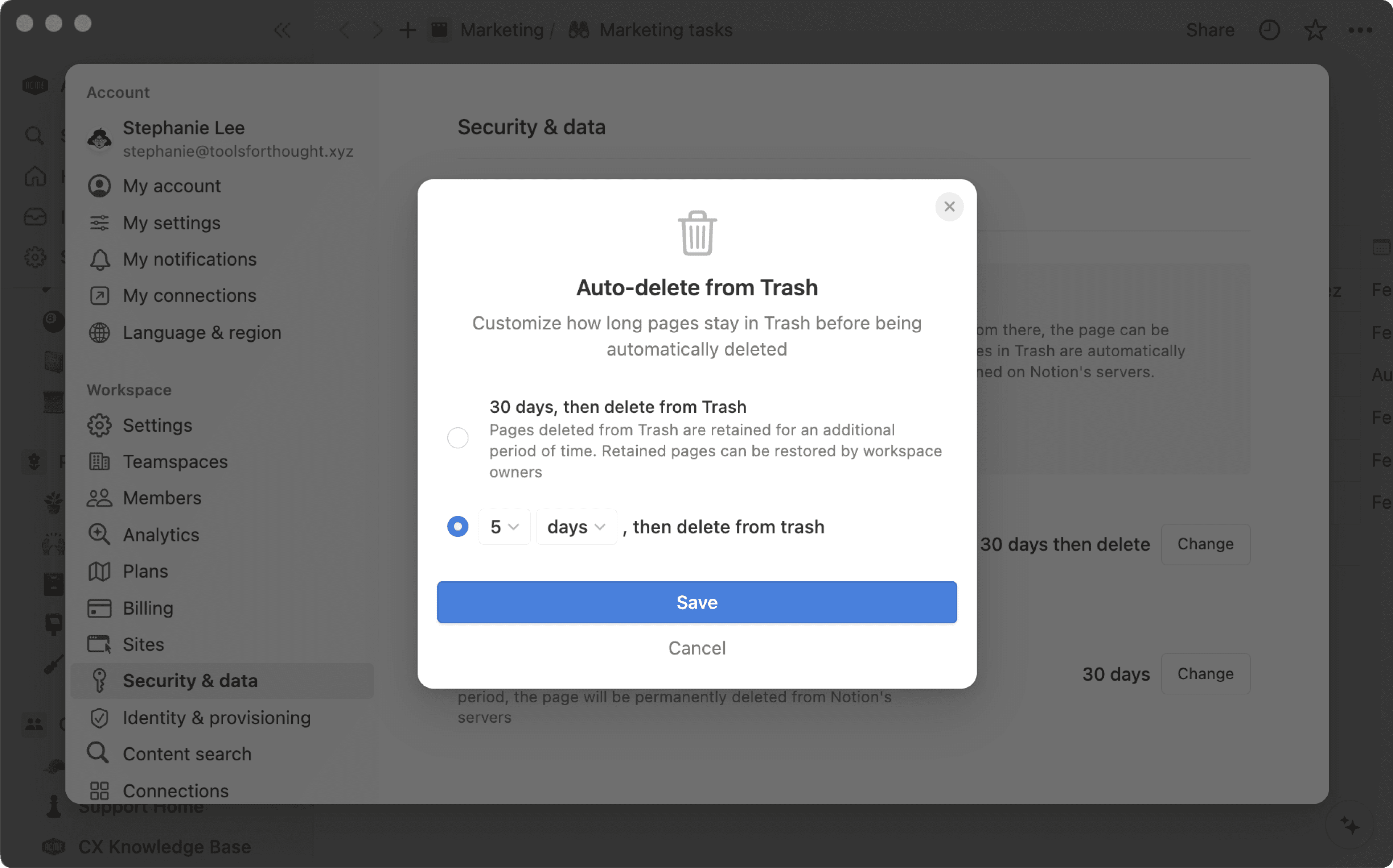 Individuelle Einstellungen für das Aufbewahren von gelöschten Seiten