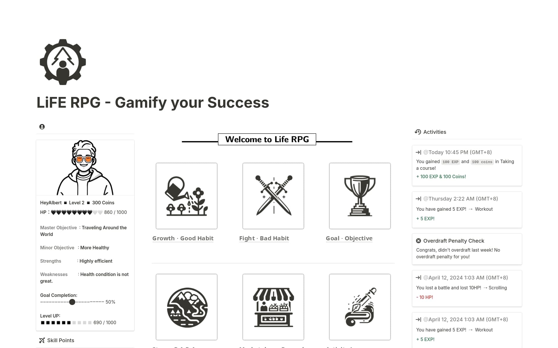 Screenshot of Templates to Gamify your Life collection by Notion