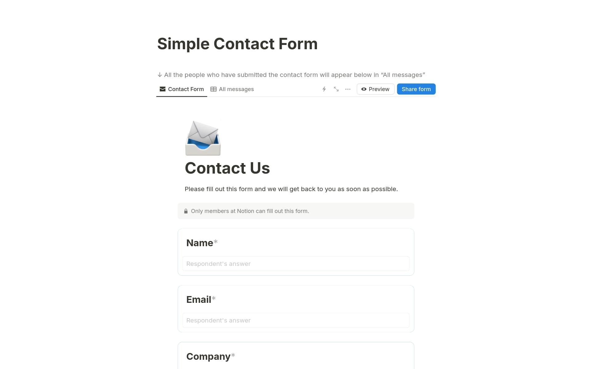 תצוגה מקדימה של תבנית עבור Simple contact form