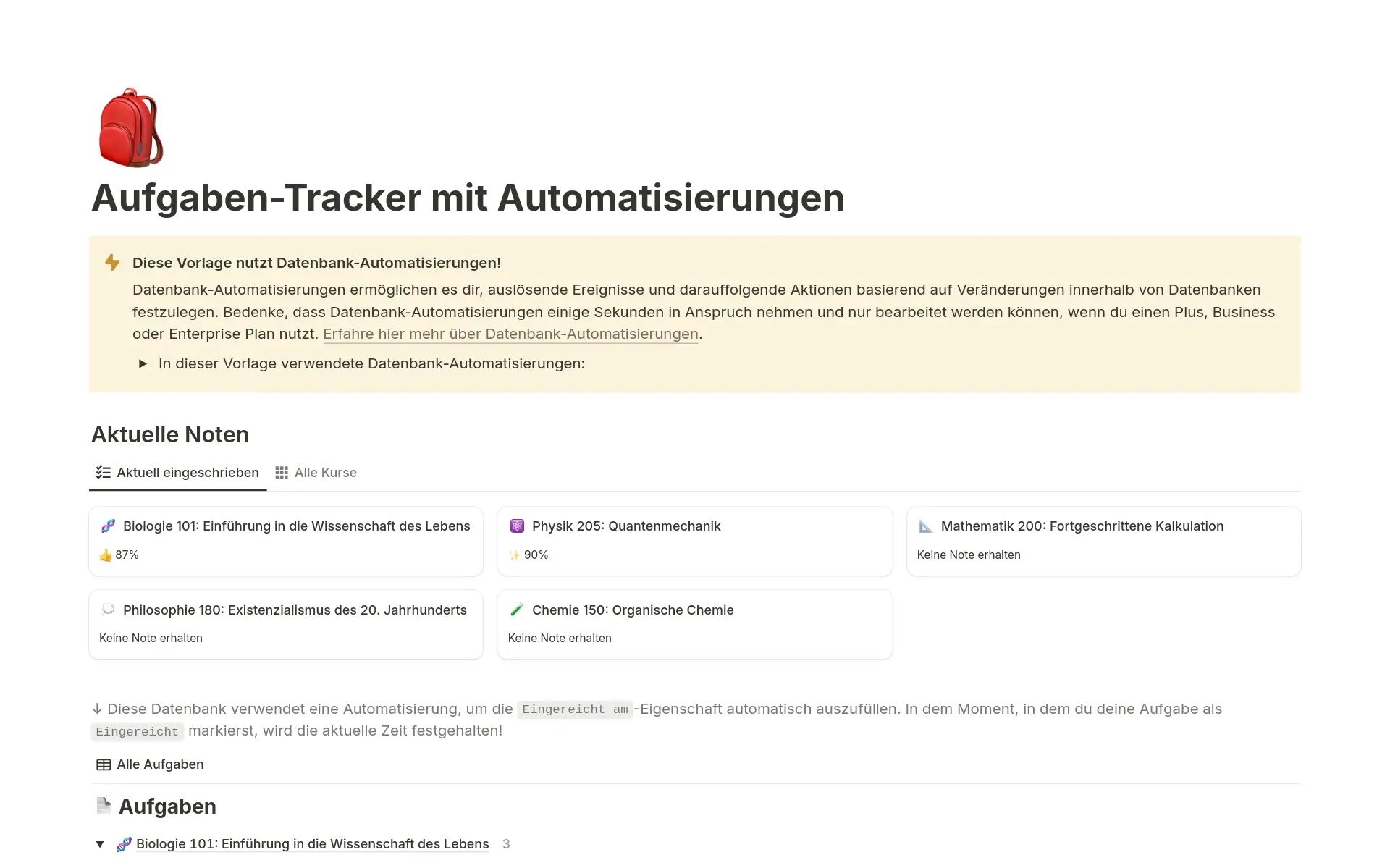 Eine Vorlagenvorschau für Aufgaben-Tracker mit Automatisierungen